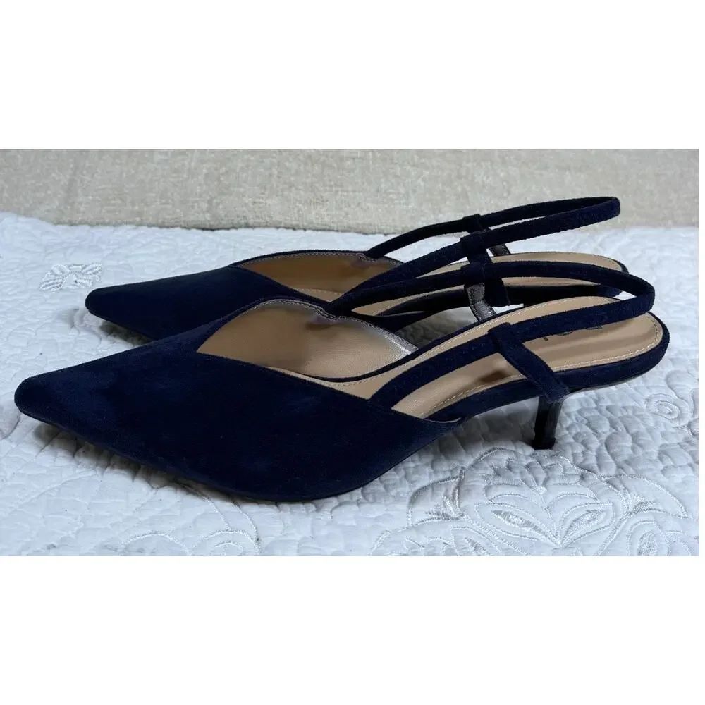 POL Women Blue 8.5 Suede Kitten Heel Slip On Dress Shoes Classic Comfort Pumps